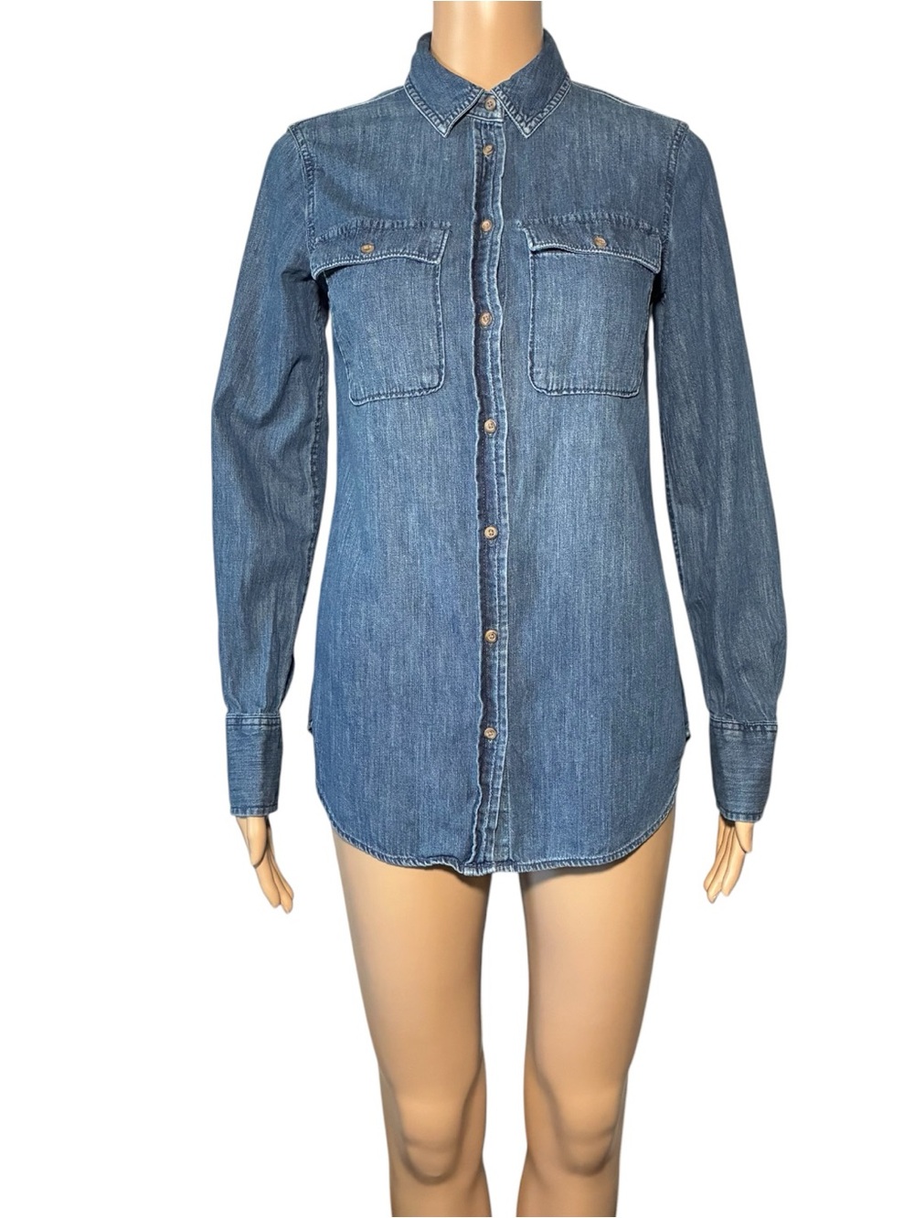 Merona Women's XS Denim Button Down Shirt Blue 100% Cotton Long Sleeve Collared